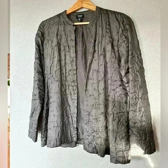 Eileen Fisher 100% Silk Open Front Crinkled Jacket Duster Slate Platinum Grey PP - Picture 1 of 4